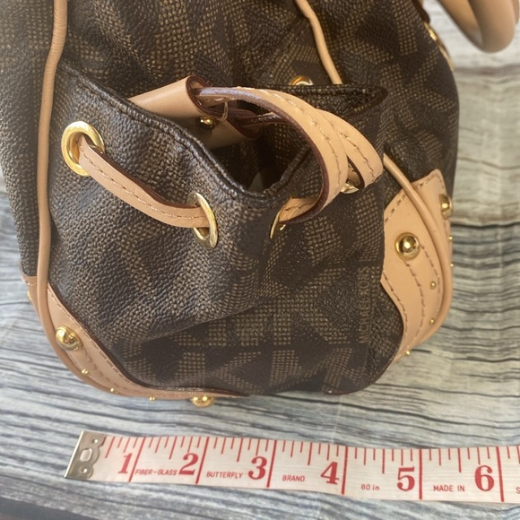 Michael Kors Brown Logo Canvas Satchel Tote with Leather Trim gold-tone hardware - Picture 14 of 16